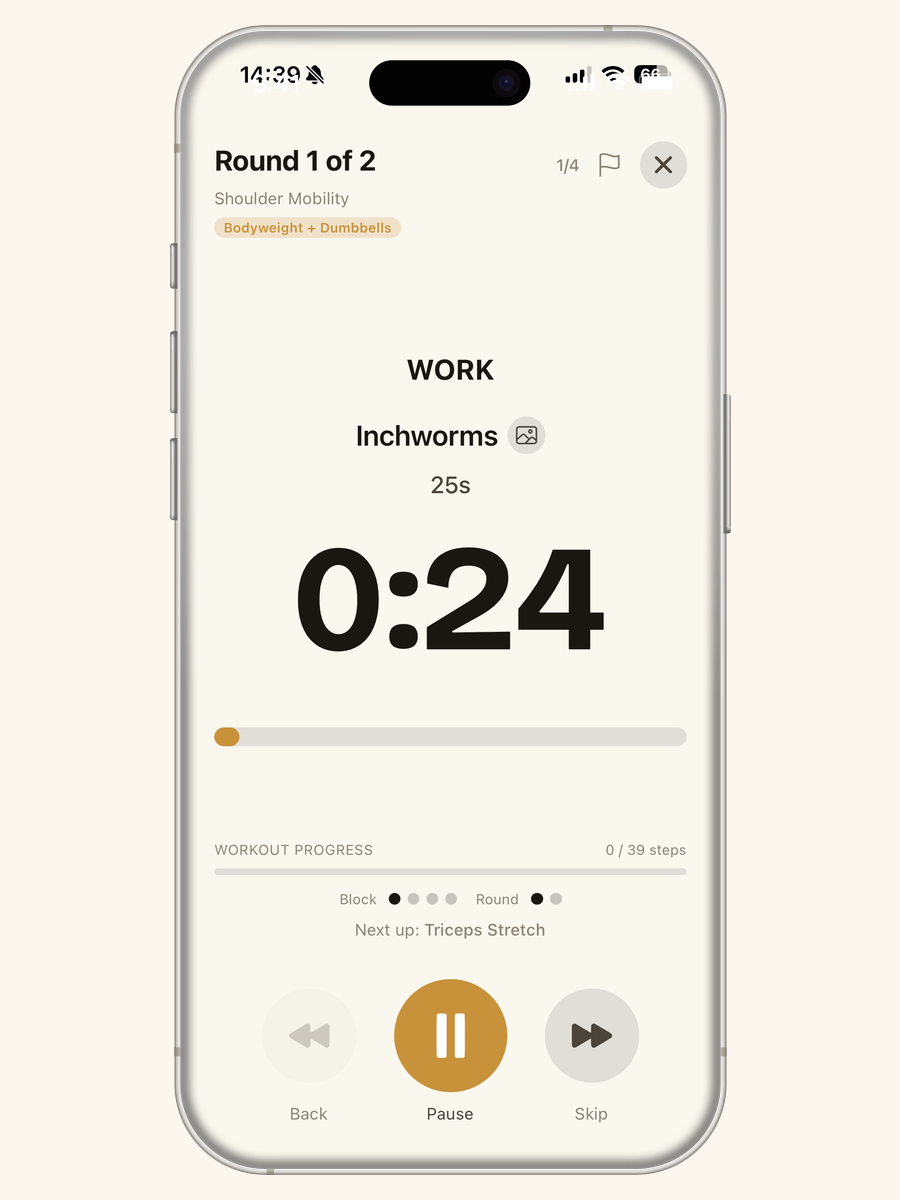 iPhone screen showing a Kronos workout timer with a calm 0:24 countdown, current block Shoulder Mobility, and play/pause controls.