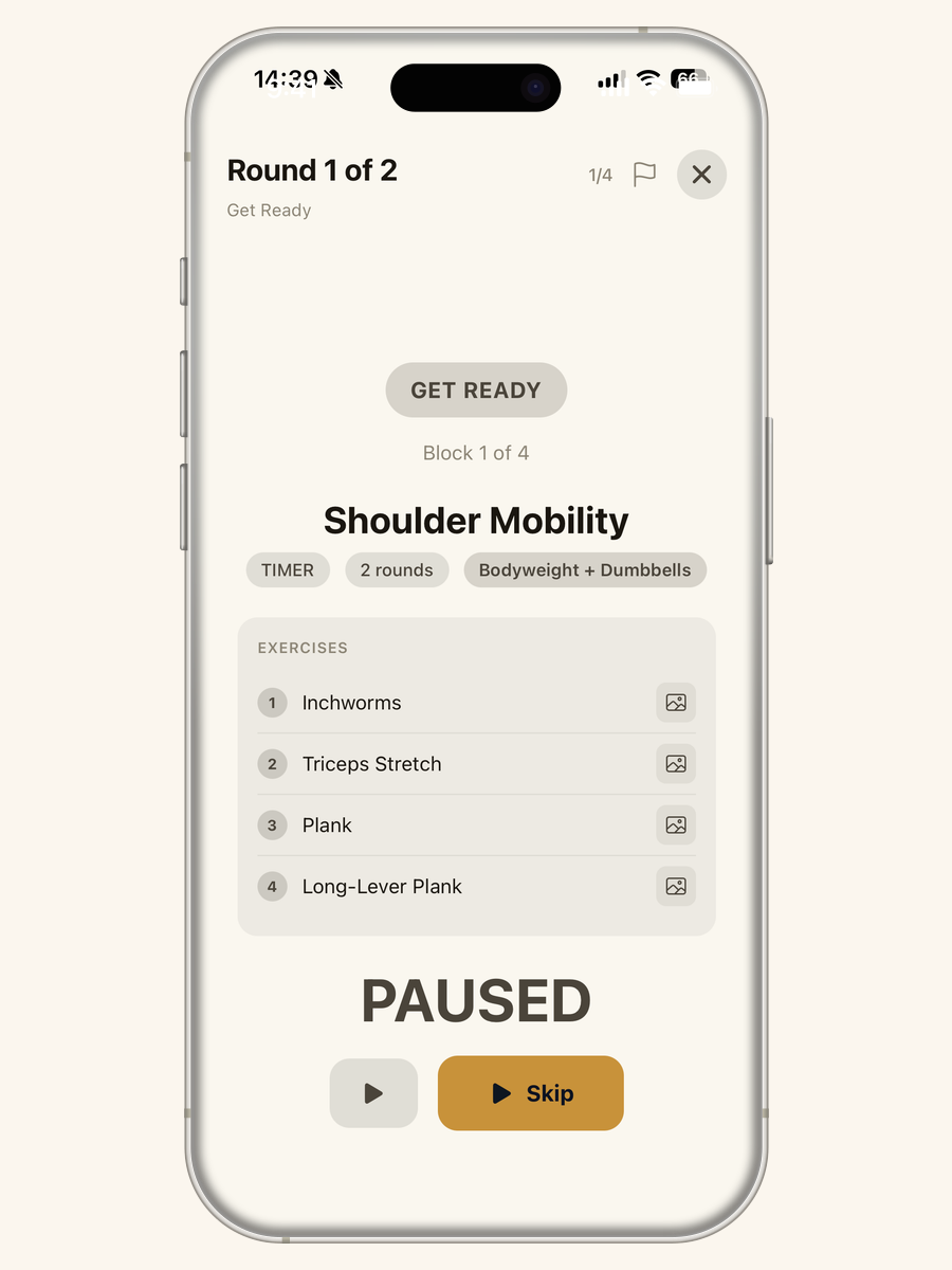 iPhone screen showing the GET READY card for the next block: Shoulder Mobility, with the upcoming exercise list and a primary Skip button.