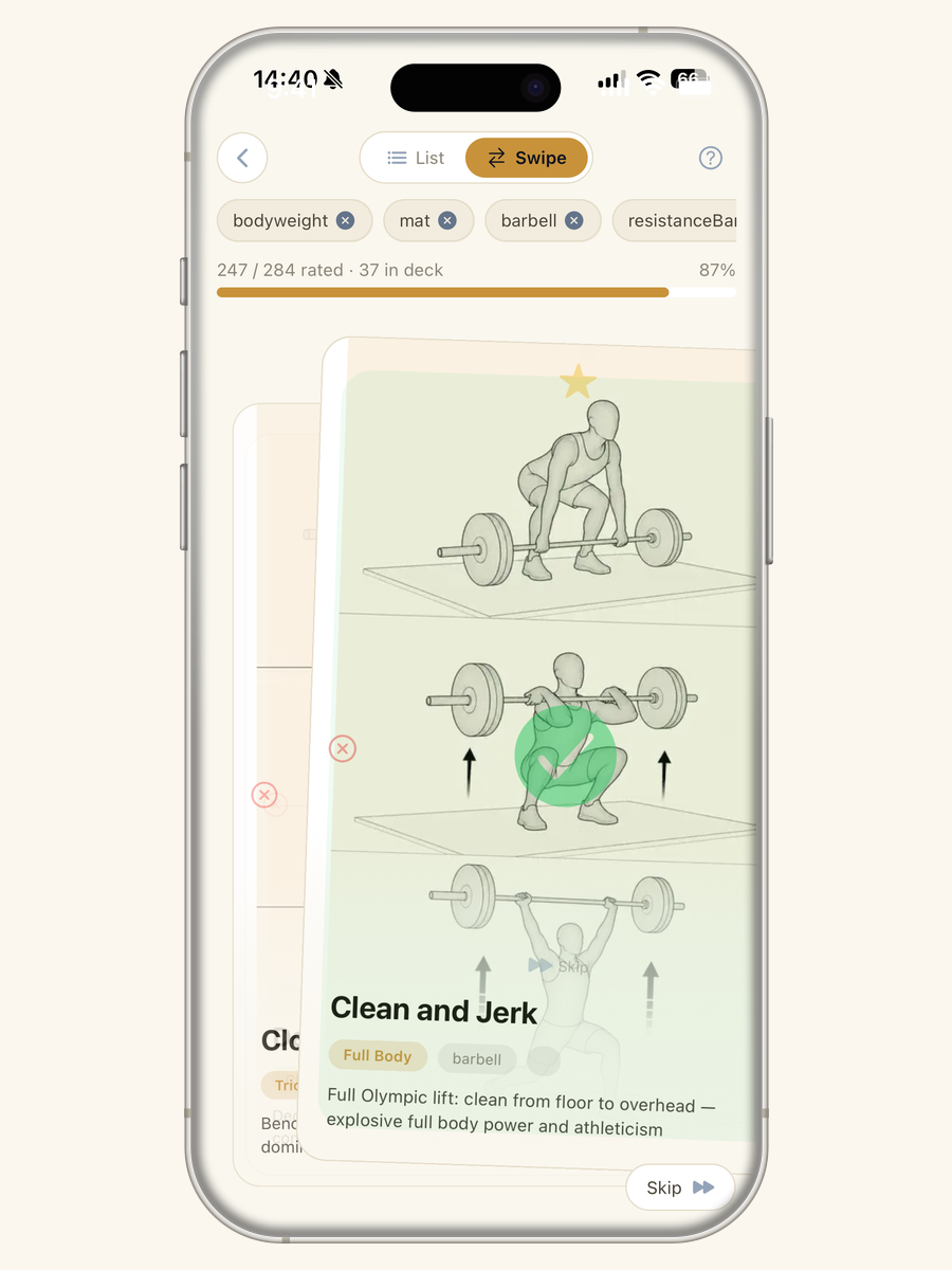 iPhone screen showing an exercise card mid-swipe with a green check overlay, rating Clean and Jerk as a keeper.