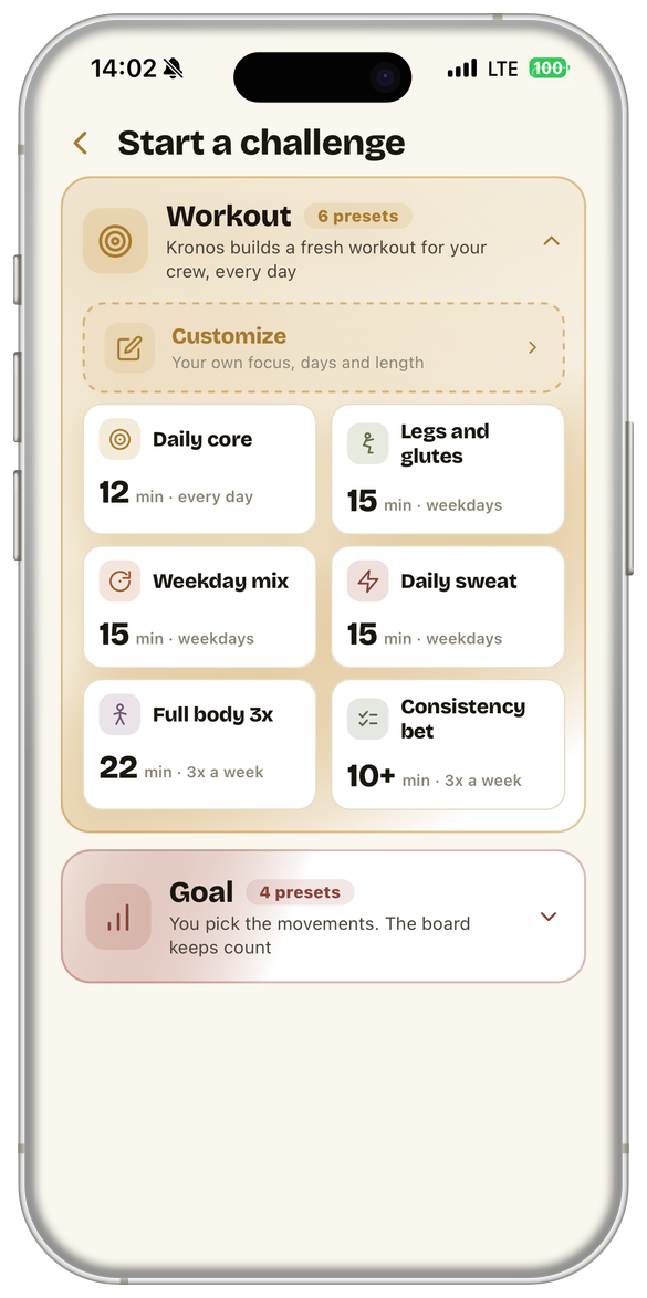 The Start a challenge screen: presets like Daily core and Full body 3x, a Customize option, and goal challenges below.