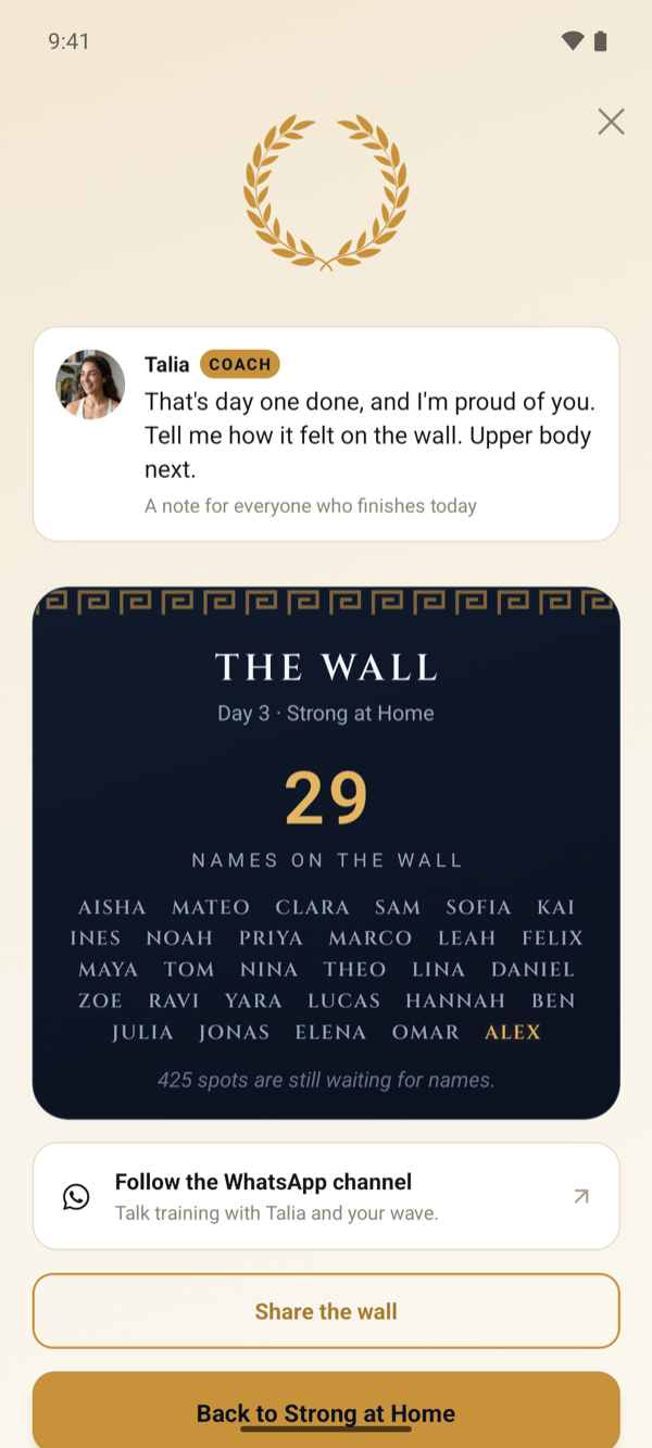 After the session: the creator’s note and the wall of names.