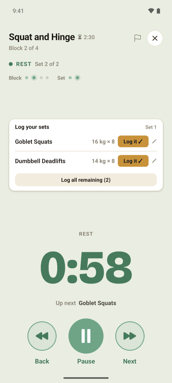 Logging sets in the rest: weight and reps for each move.