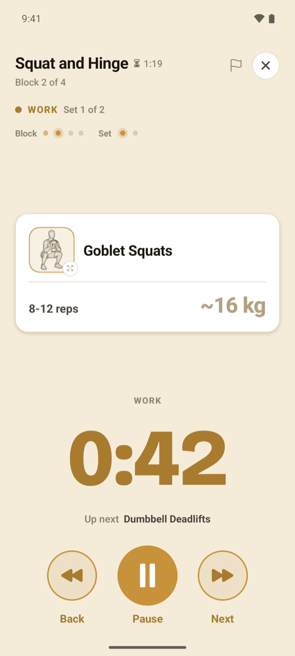 The player: Goblet Squats, 8 to 12 reps, about 16 kg.