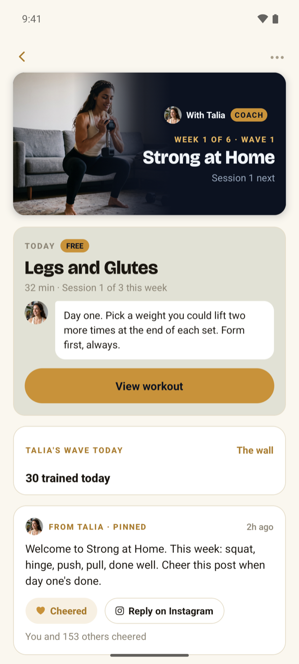 Program home: today’s session with the creator’s note, the crew who trained today, and a pinned post.