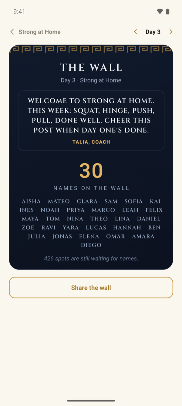 The wall: the first names of everyone in the crew who trained today.