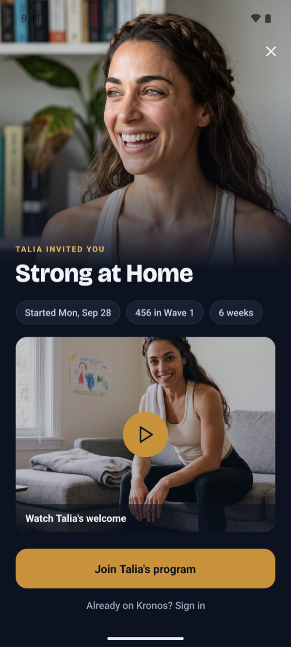 The creator welcome screen for Strong at Home, an example program, with a Join button.