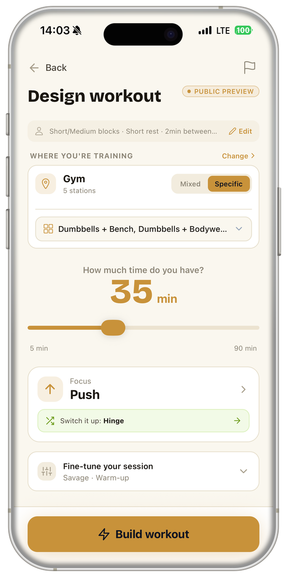 The Design workout screen: your gym and its stations, a 35 minute time slider, and a Push focus picked for today.