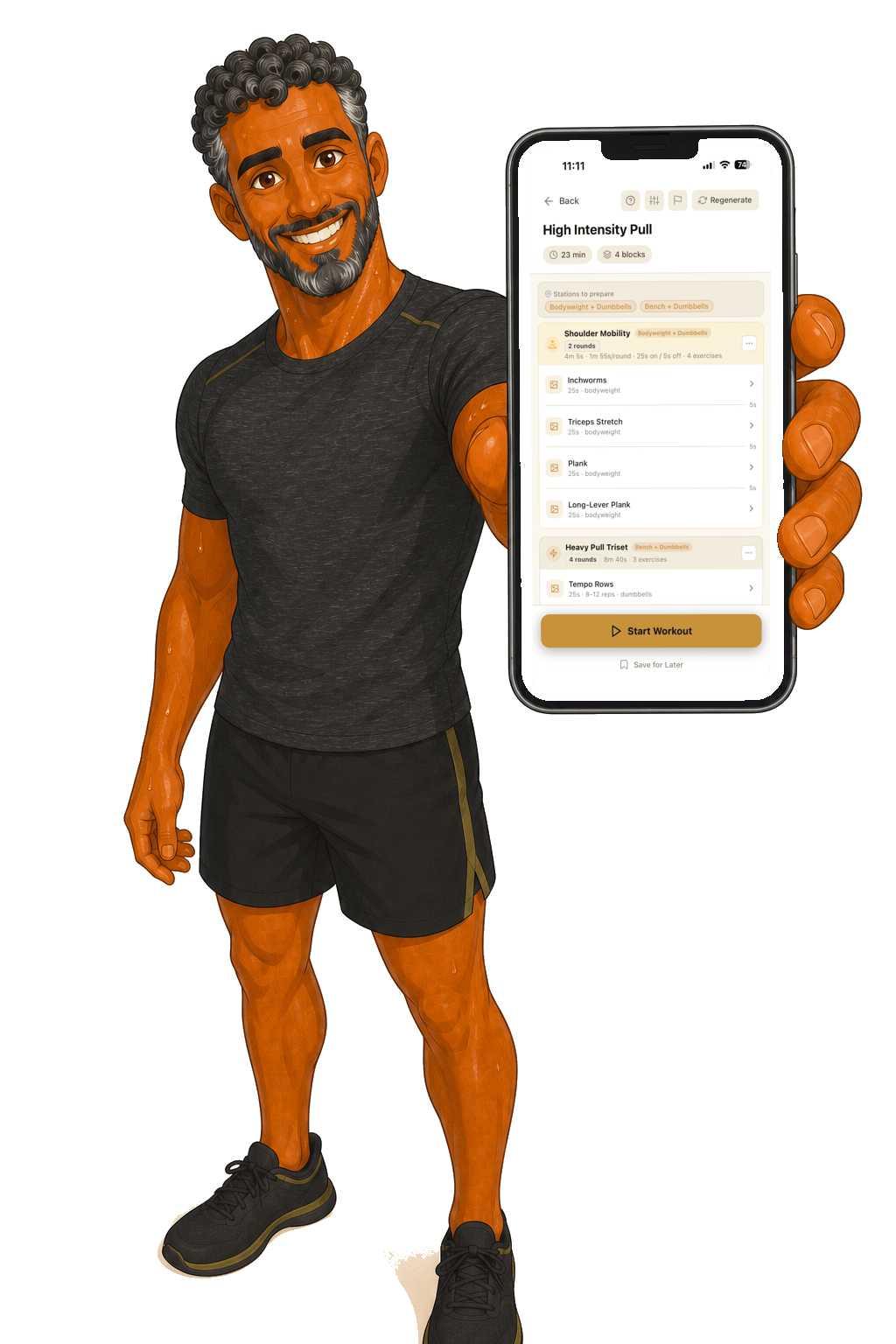 Idris extending a phone toward the viewer, its screen showing a Kronos AI-generated workout: High Intensity Pull, 23 minutes, four blocks, with a Start Workout button.