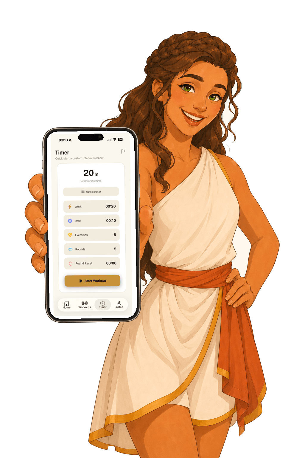 Thalia extending a phone toward the viewer, its screen showing the Kronos interval timer setup with work, rest, exercises, rounds, and a Start Workout button.