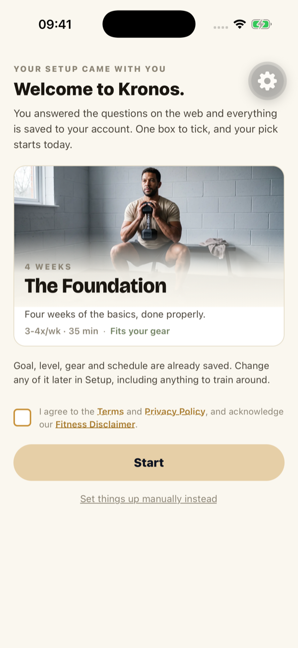 The app on first open after signing up on the web: your setup came with you, The Foundation is already picked, and one box to tick before Start.