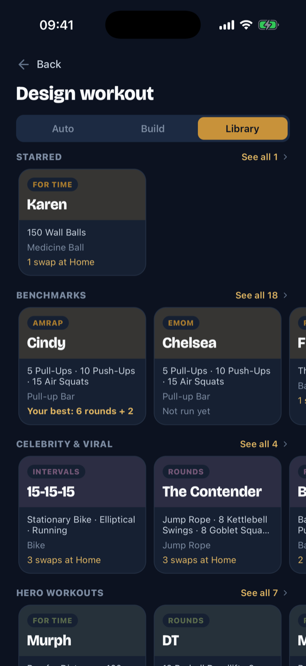 The Library inside the Design workout screen: starred workouts, the Benchmarks shelf with Cindy and Chelsea and your best score, the Celebrity and viral shelf, and the Hero workouts shelf.