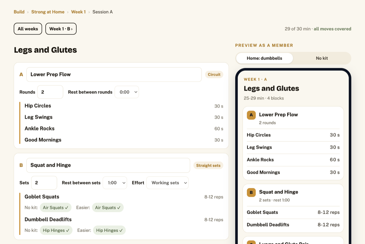 The Studio’s session builder: blocks with sets, rest and effort, a no-kit swap for each move, and a live preview as a member.