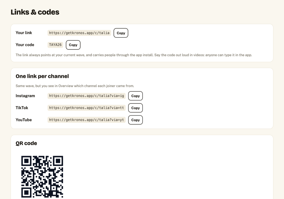 Links and codes: your link and code, a link for each channel, and a QR code.