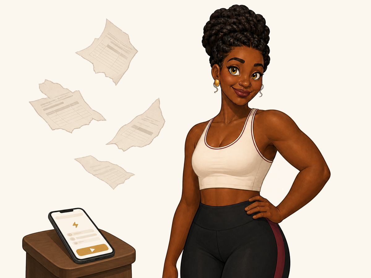 Adaeze the Architect standing confidently with faint torn 12-week-program shapes behind her and a phone resting on a stool showing 'today's workout ready'.