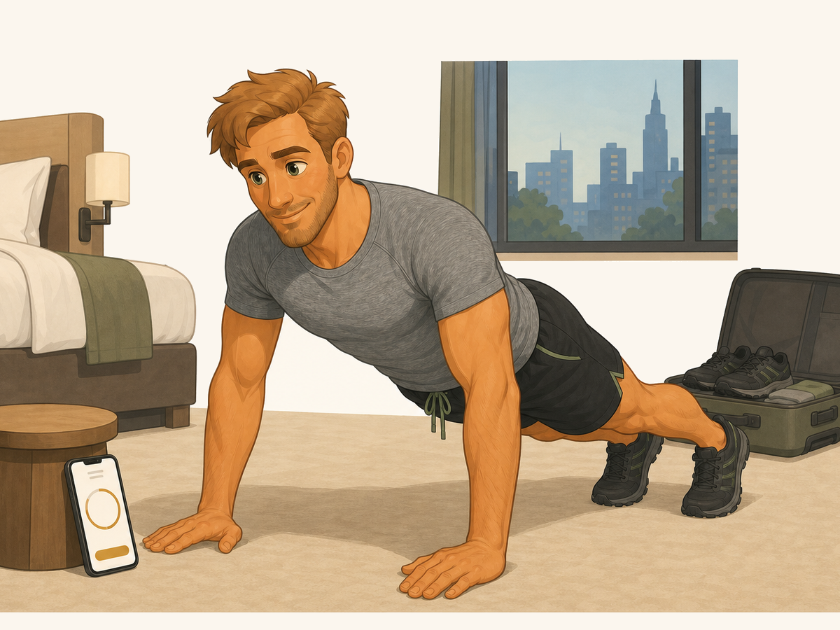 Soren the Navigator doing a bodyweight exercise in a stylized hotel room.