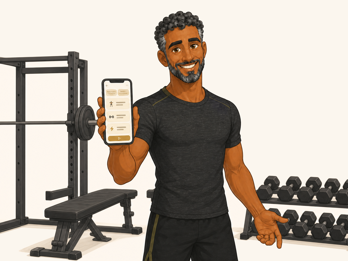 Idris the Cartographer in athletic wear, mid-glance toward an opening bench at a gym.