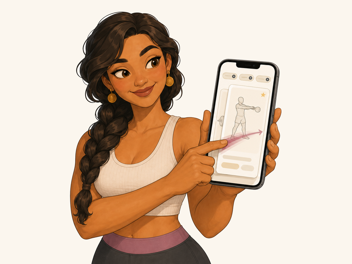 Mira the Storyteller swiping decisively across a phone screen with an exercise card mid-swipe.