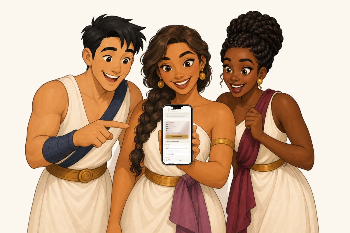 Three friends grinning around a phone showing a Kronos challenge: today's targets, the crew goal, and the board.