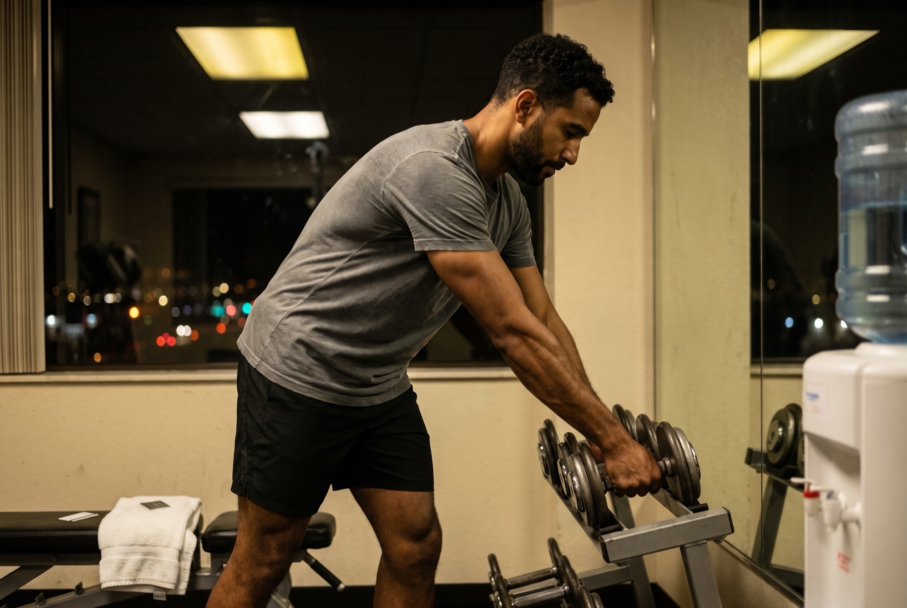 Picking up dumbbells alone in a hotel gym at night