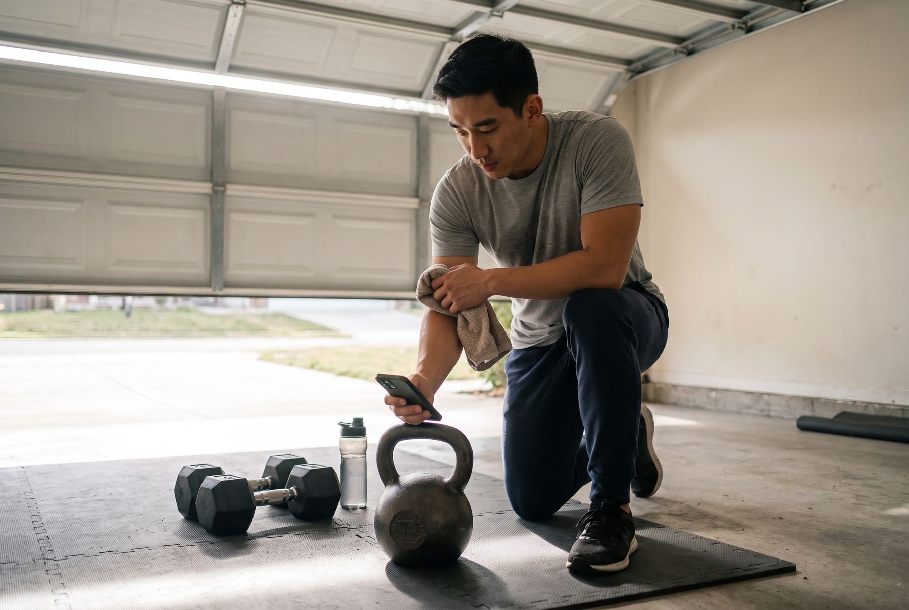 Checking the phone propped on a kettlebell between sets in a garage gym