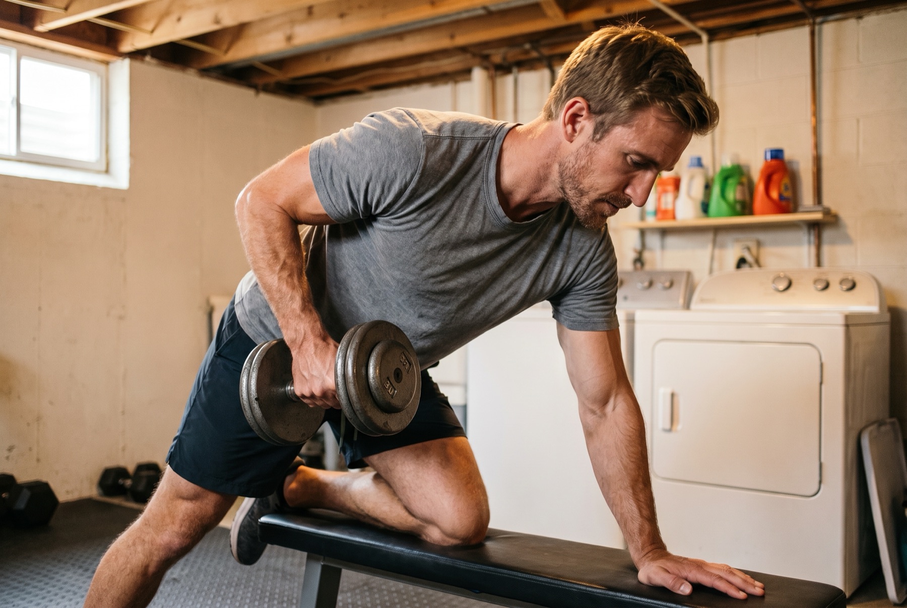 A single-arm dumbbell row in a basement laundry corner