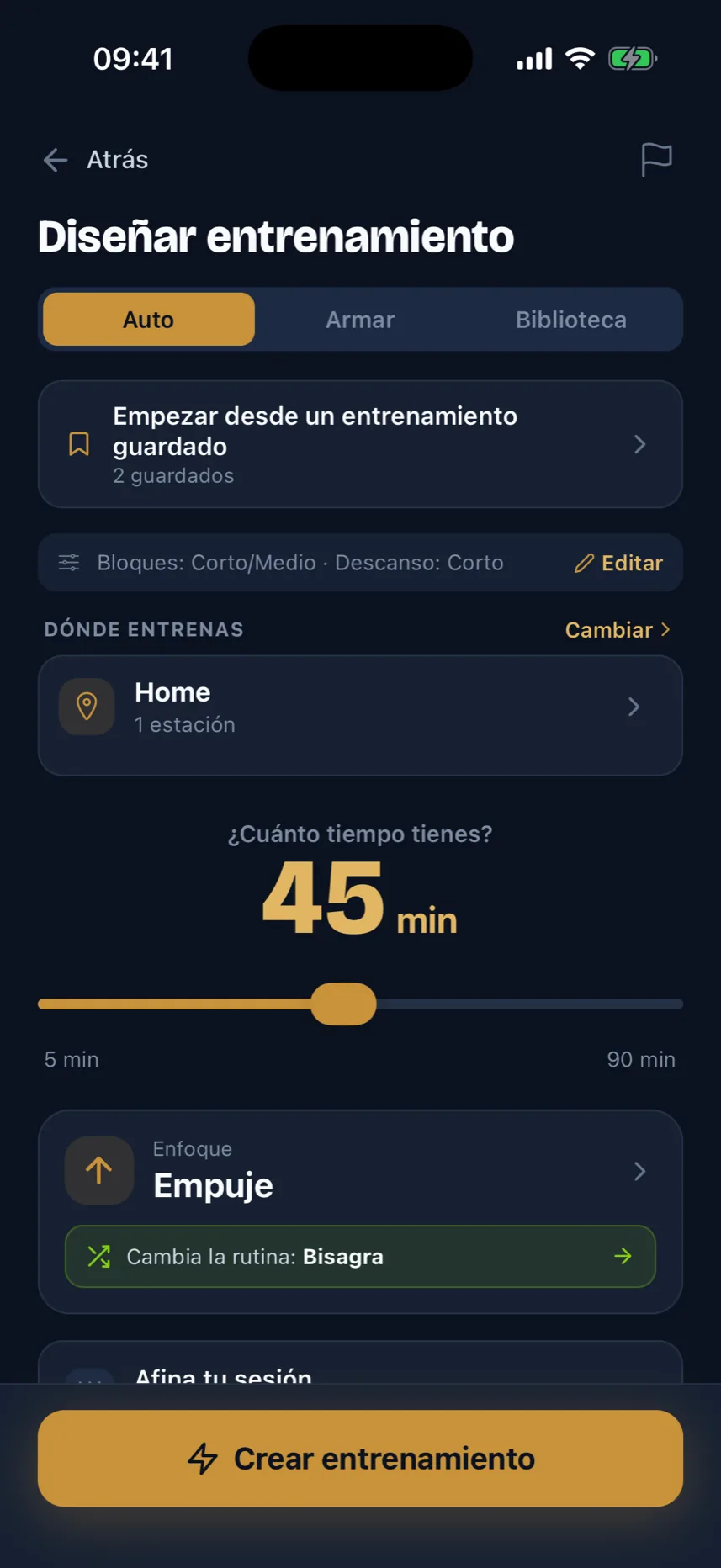 La pantalla de Diseñar Entrenamiento: elige tu tiempo, equipo y enfoque