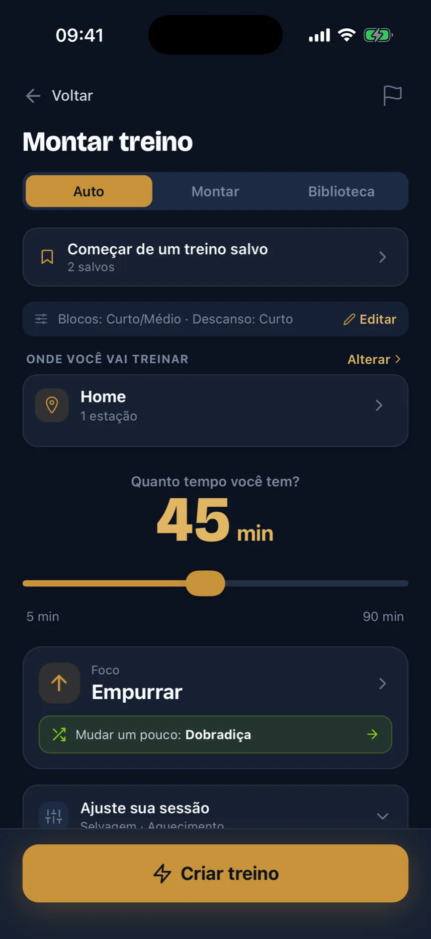 A tela de Desenhar Treino: escolha seu tempo, equipamento e foco