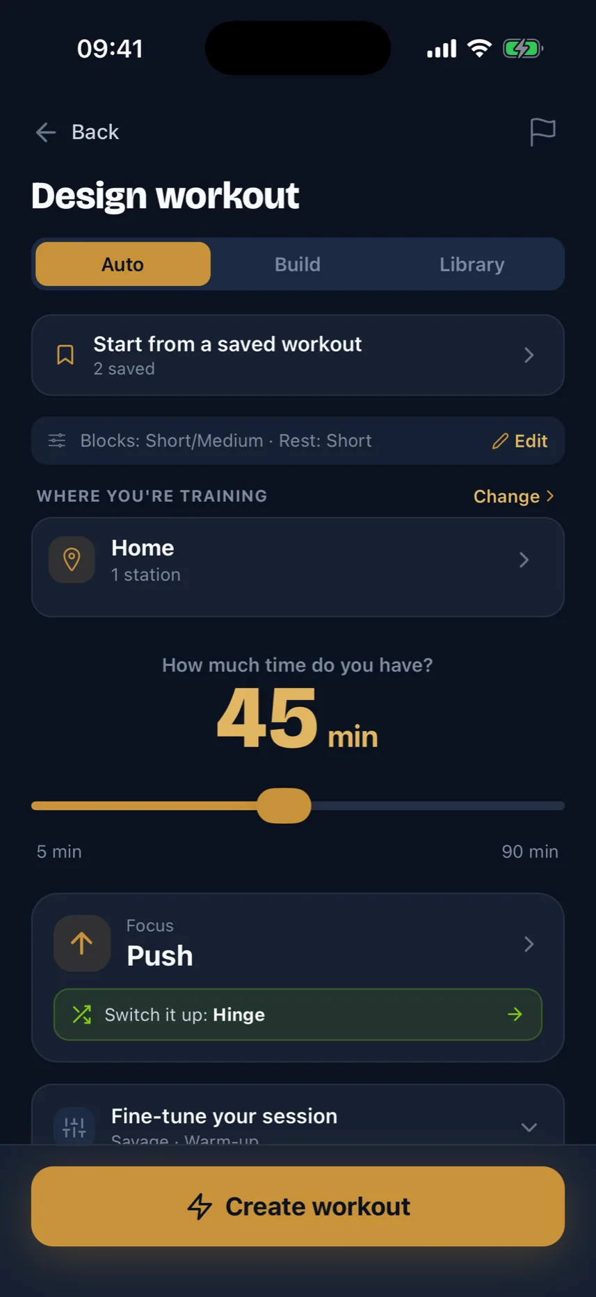 The Design Workout screen: choose your time, equipment and focus