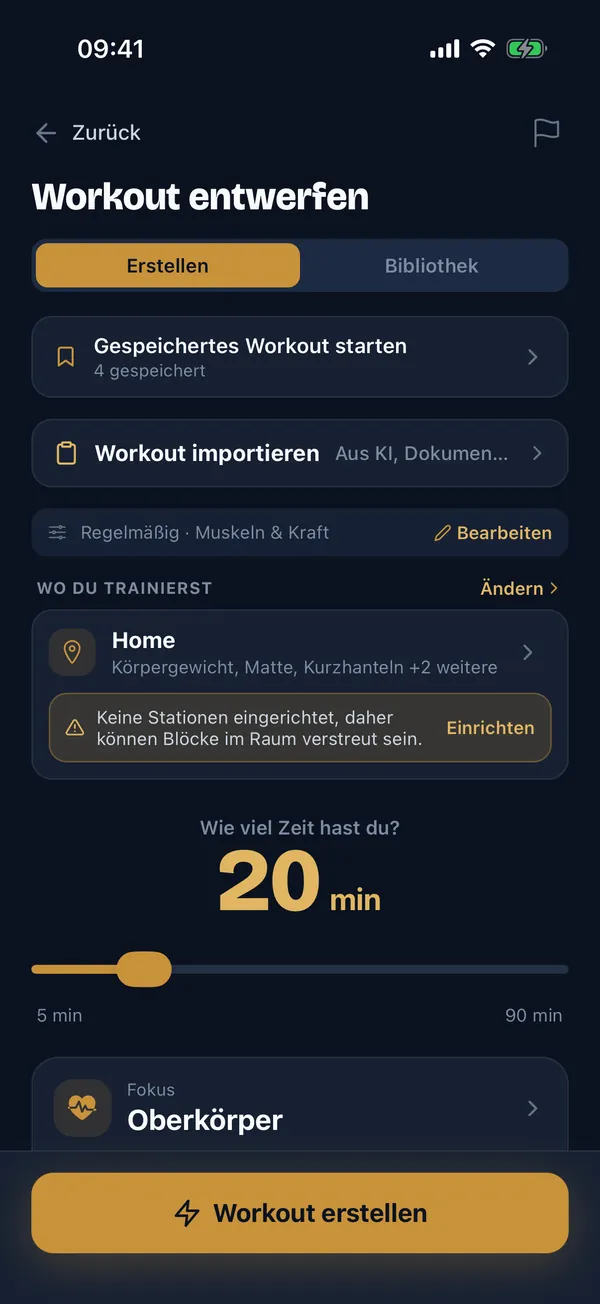 Der Bildschirm fürs Trainingsdesign: Wähle deine Zeit, dein Equipment und deinen Fokus