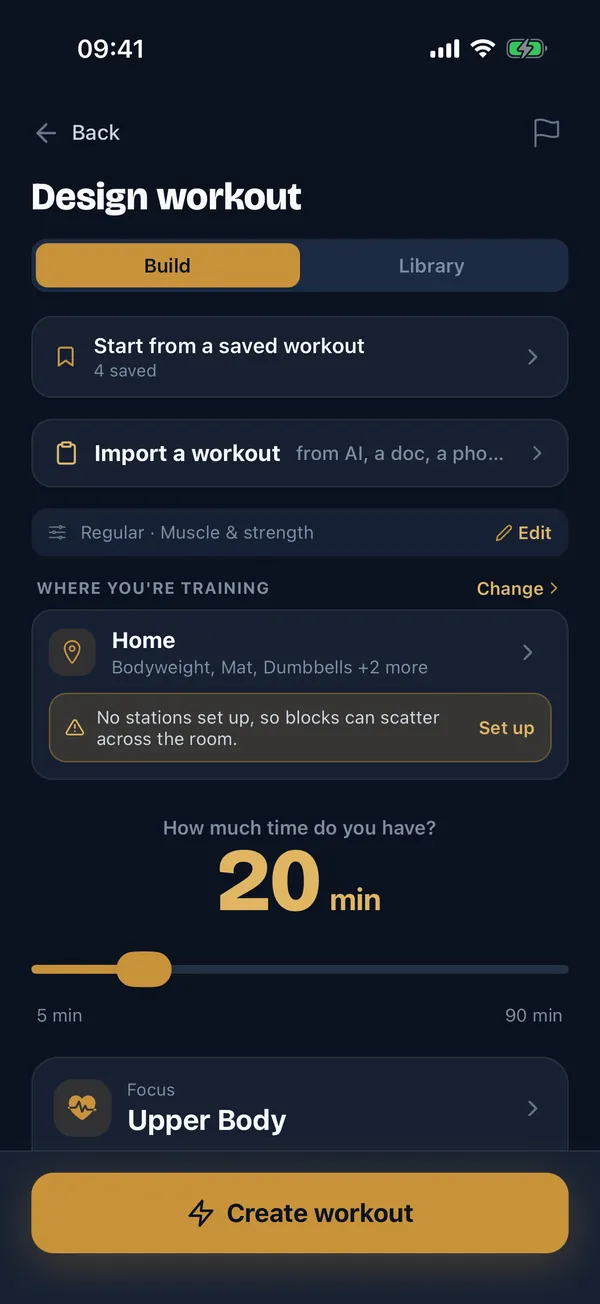 The Design Workout screen: choose your time, equipment and focus