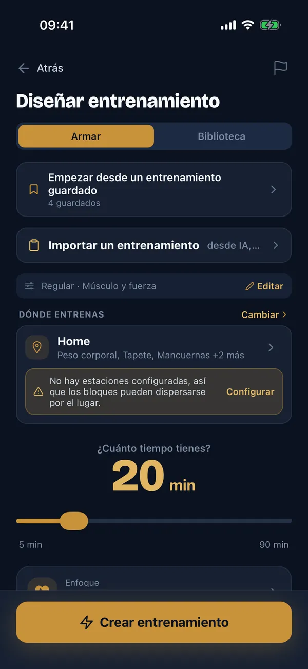 La pantalla de Diseñar Entrenamiento: elige tu tiempo, equipo y enfoque