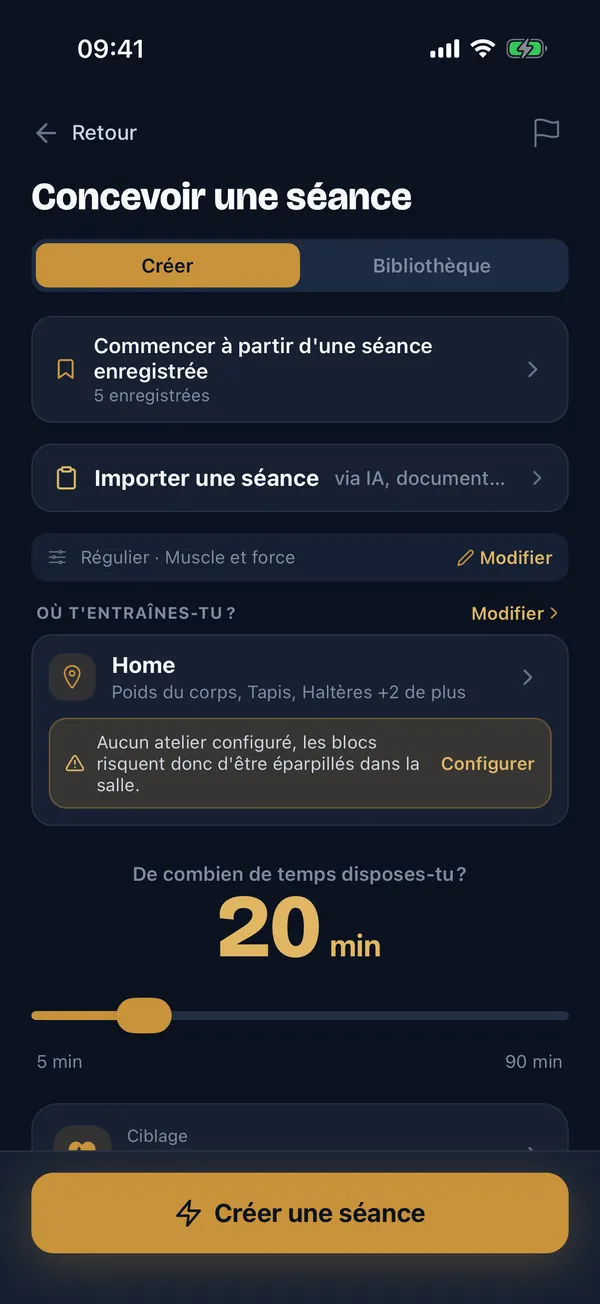 L'écran Créer une séance : choisis ton temps, ton matériel et ton objectif