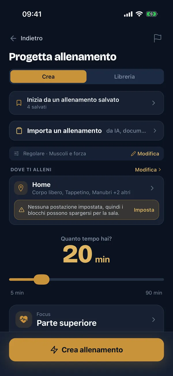 La schermata Progetta Allenamento: scegli il tempo, l'attrezzatura e l'obiettivo