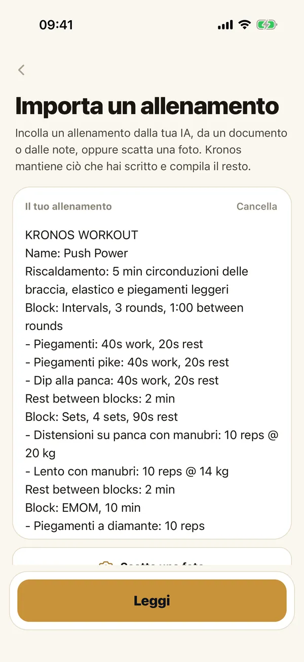 Importa un allenamento