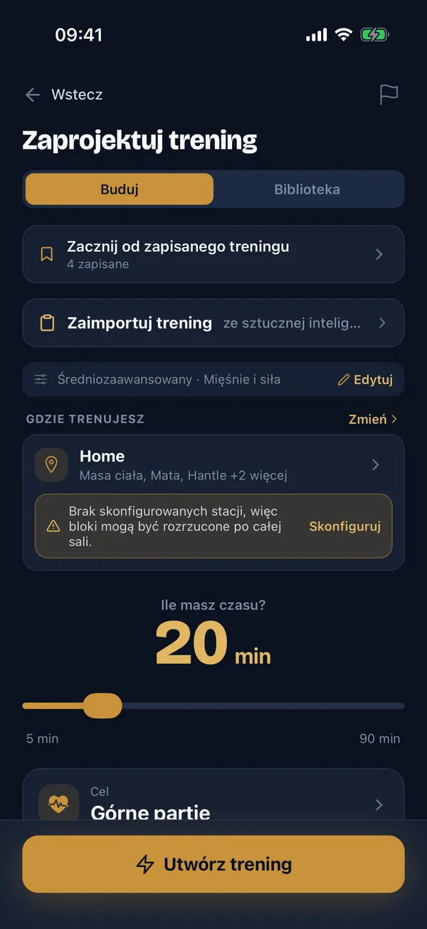 Ekran projektowania treningu: wybierz czas, sprzęt i cel