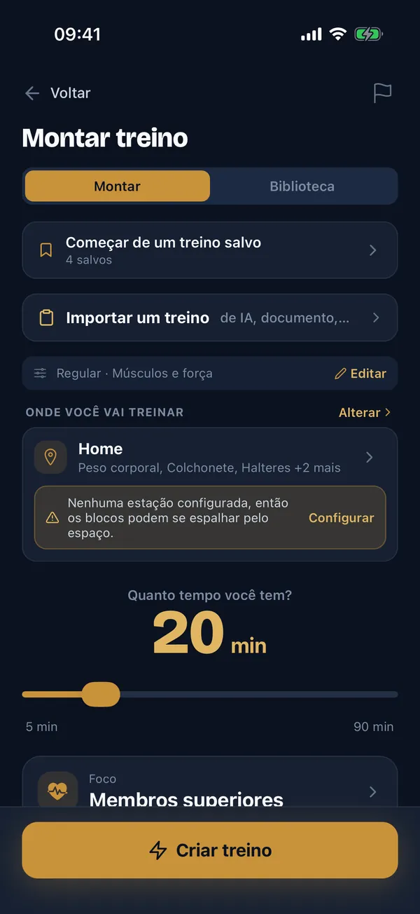 A tela Criar treino: escolha seu tempo, equipamento e foco